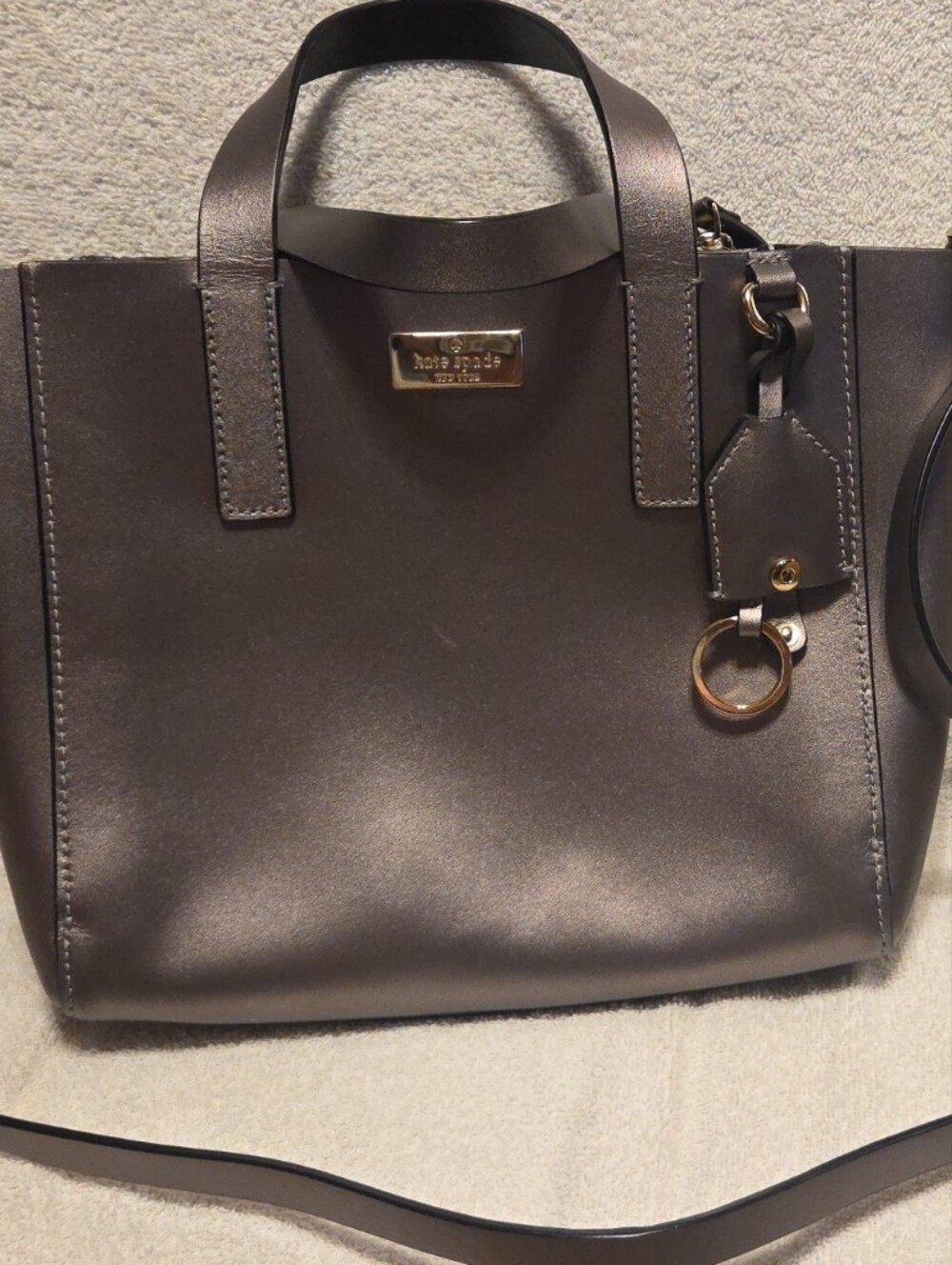 kate spade Metallic Gray Leather Shoulder Tote with Gold Hardware